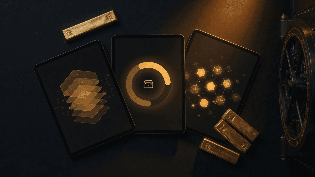Three DeFi gold lending platform dashboards displayed side by side for comparison