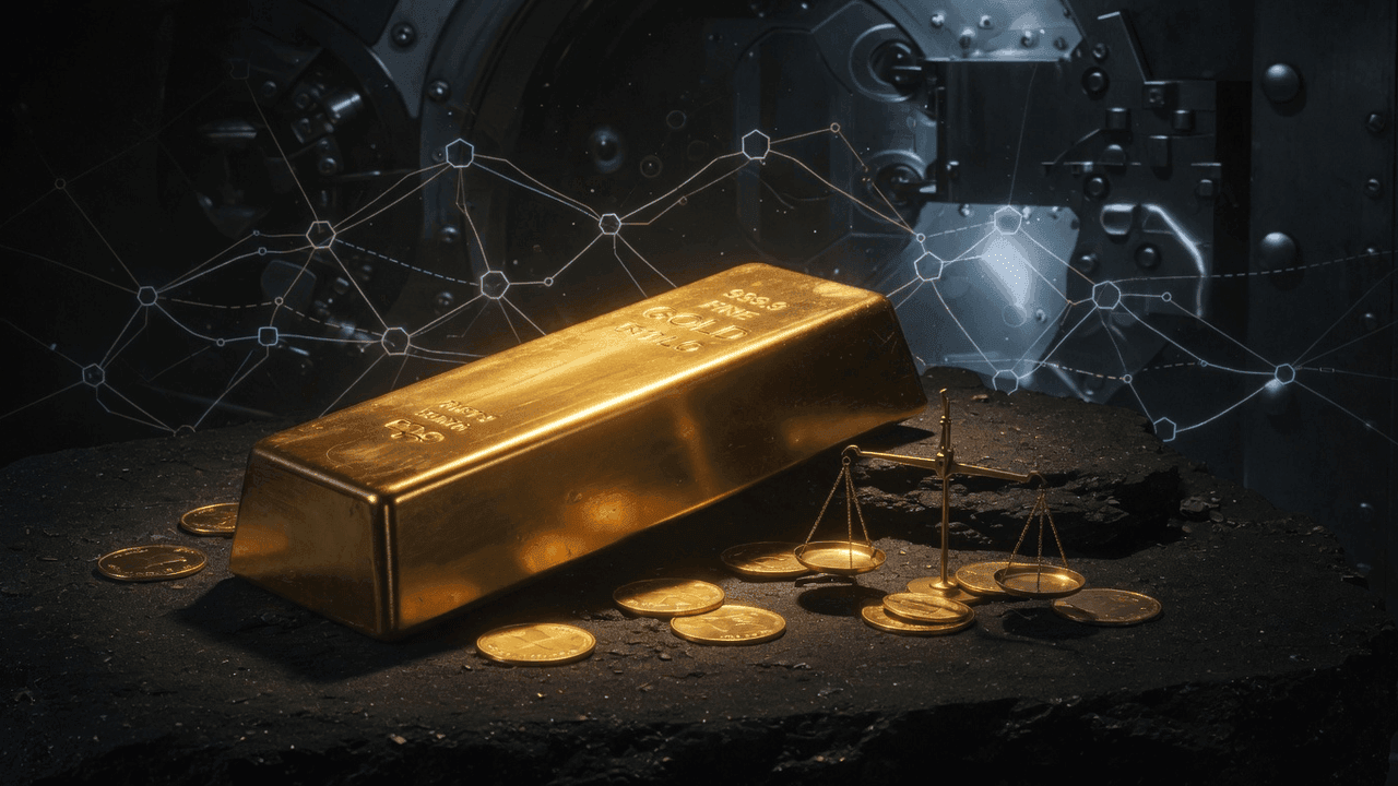 Gold bar in foreground against Swiss Alps mountain peaks at dawn
