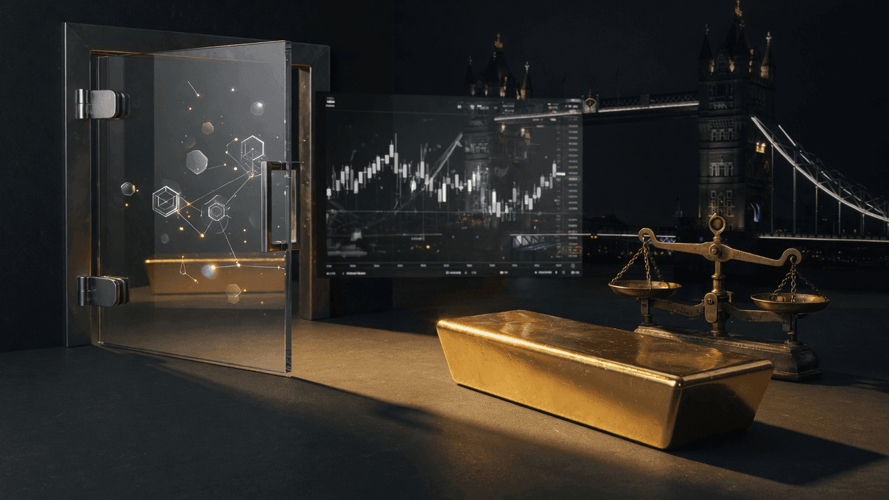 Gold bar in foreground against London Tower Bridge at night