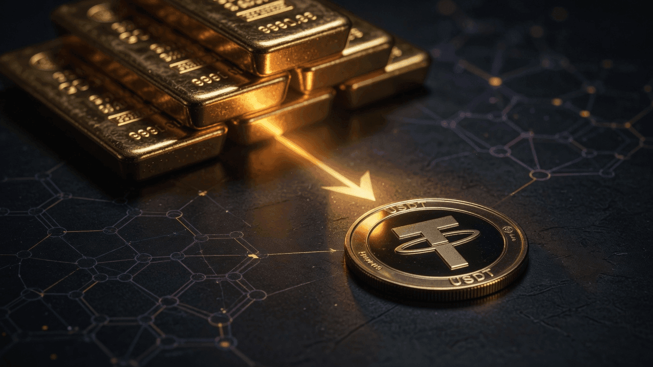 Gold bar backing USDT stablecoin loan representing borrow-without-selling strategy