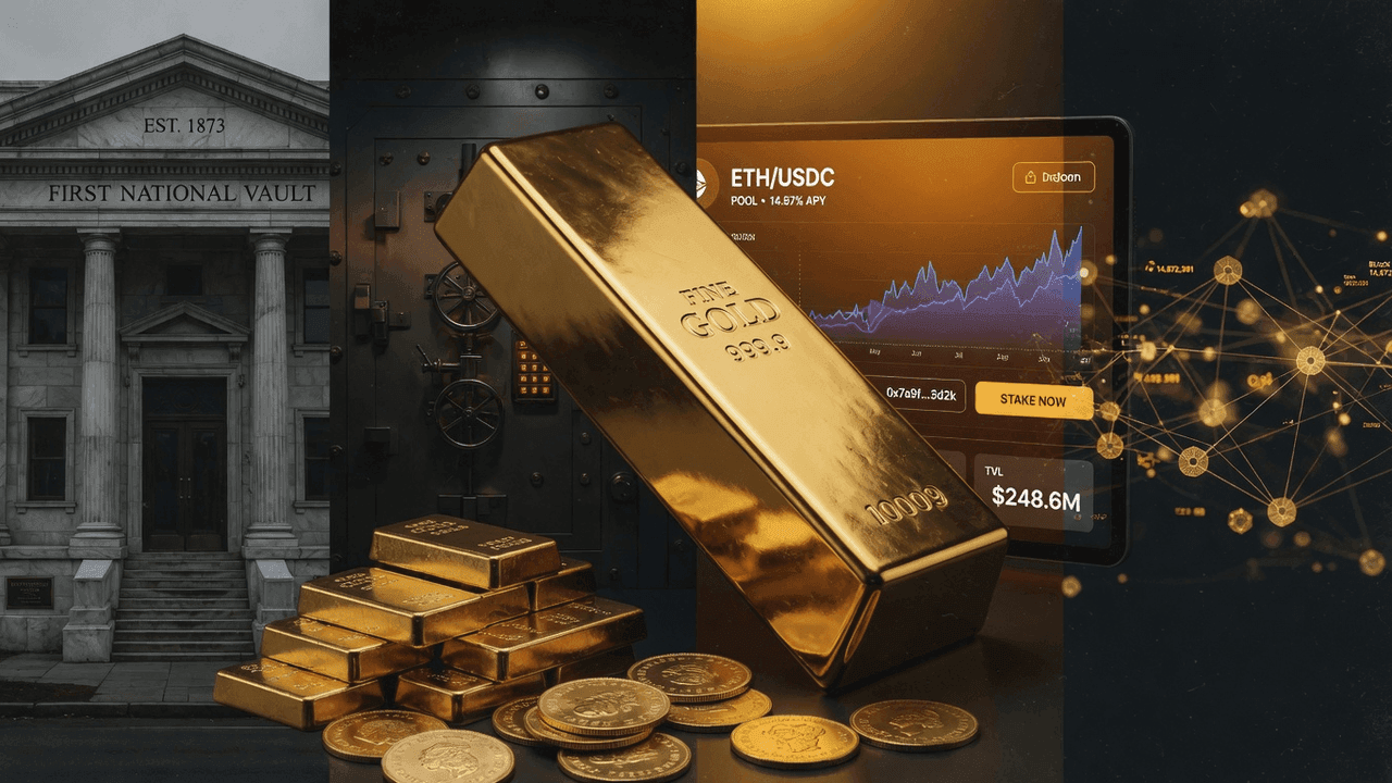 Traditional bank building versus DeFi interface with gold bar connecting them