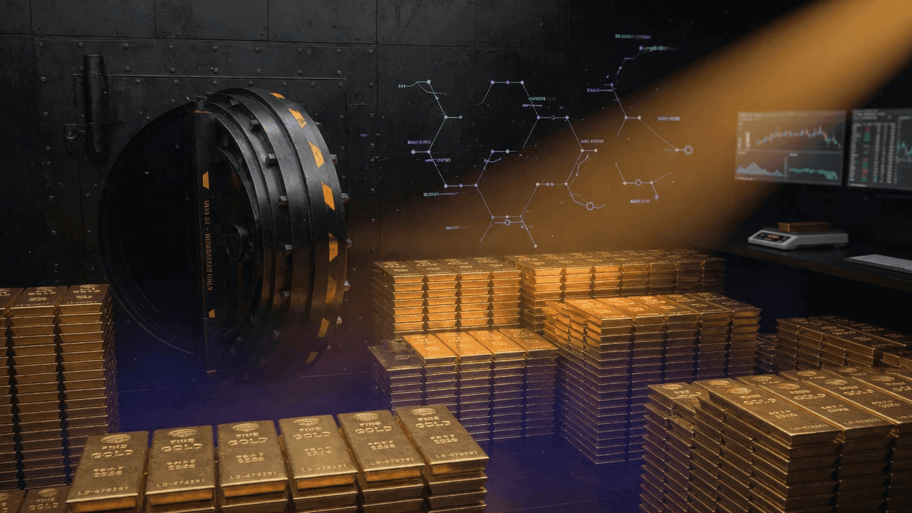 Gold vault with stacked bullion bars illuminated by warm spotlight