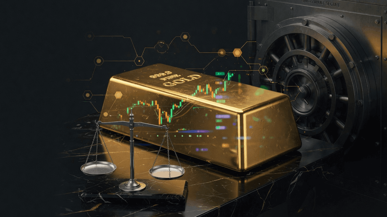 Pawnshop sign versus DeFi terminal with gold bar in center