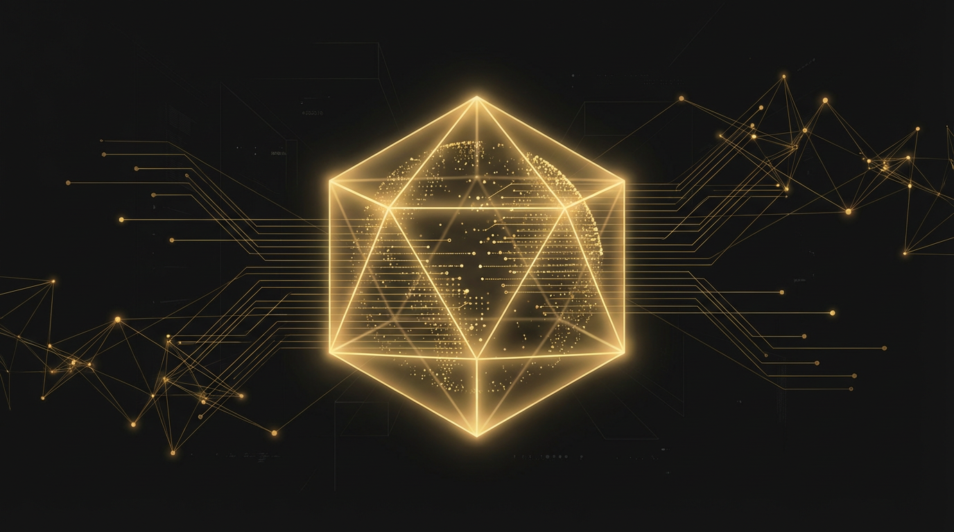 Abstract visualization of a DeFi smart contract with golden geometric structure