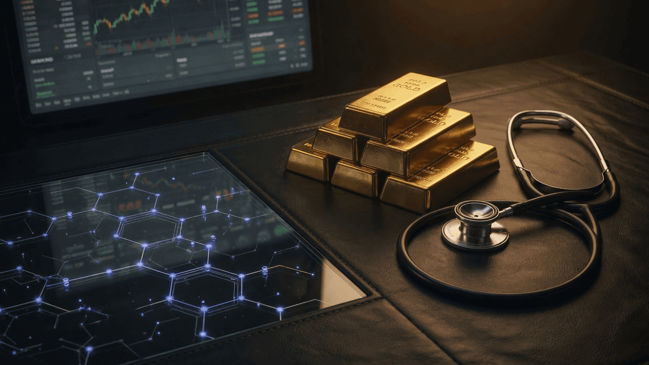 Gold bar beside stethoscope on professional desk representing doctor financing
