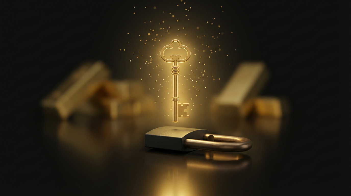 Golden key floating above an open padlock, symbolizing financial freedom