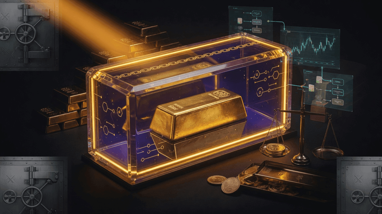 Gold bar locked inside a digital smart contract vault