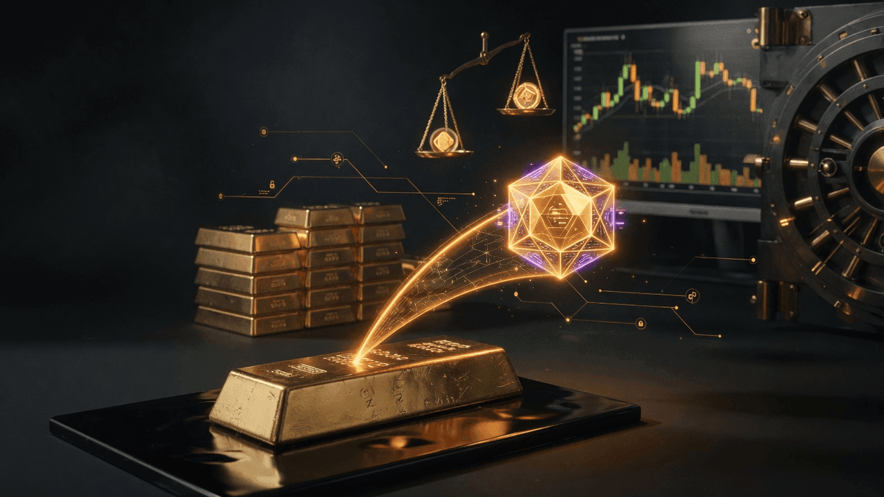 Physical gold bar transforming into digital token through holographic amber beam
