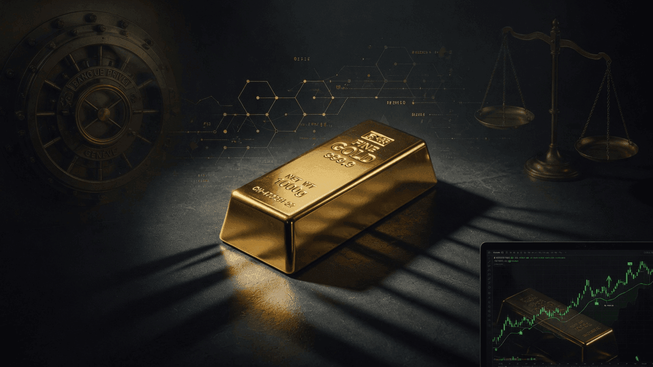 Gold bar in foreground against Hong Kong harbor night skyline