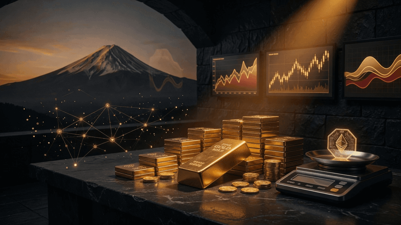 Gold bar in foreground against Mount Fuji silhouette at dawn