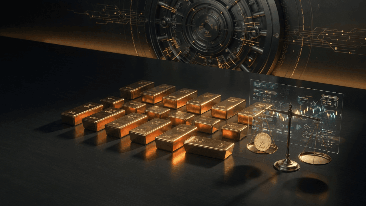 Gold bars against Arabian desert dune landscape at dusk