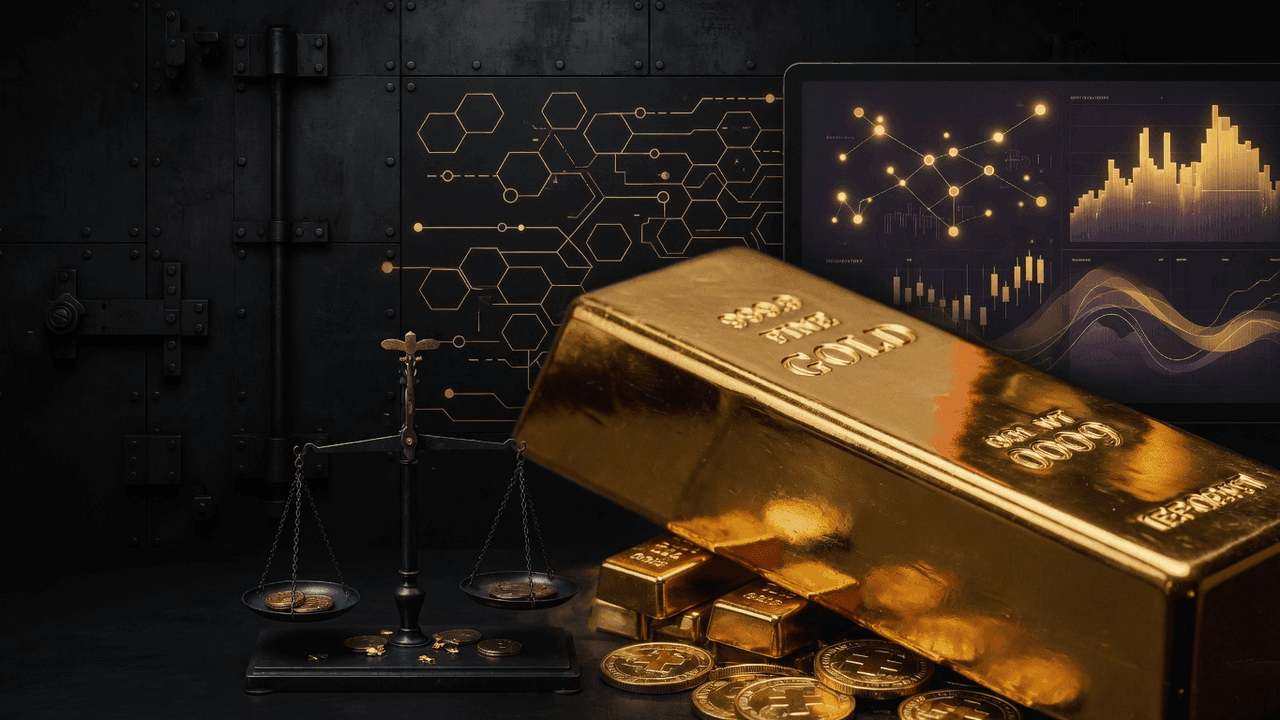 Gold bar in foreground against illuminated Dubai skyline