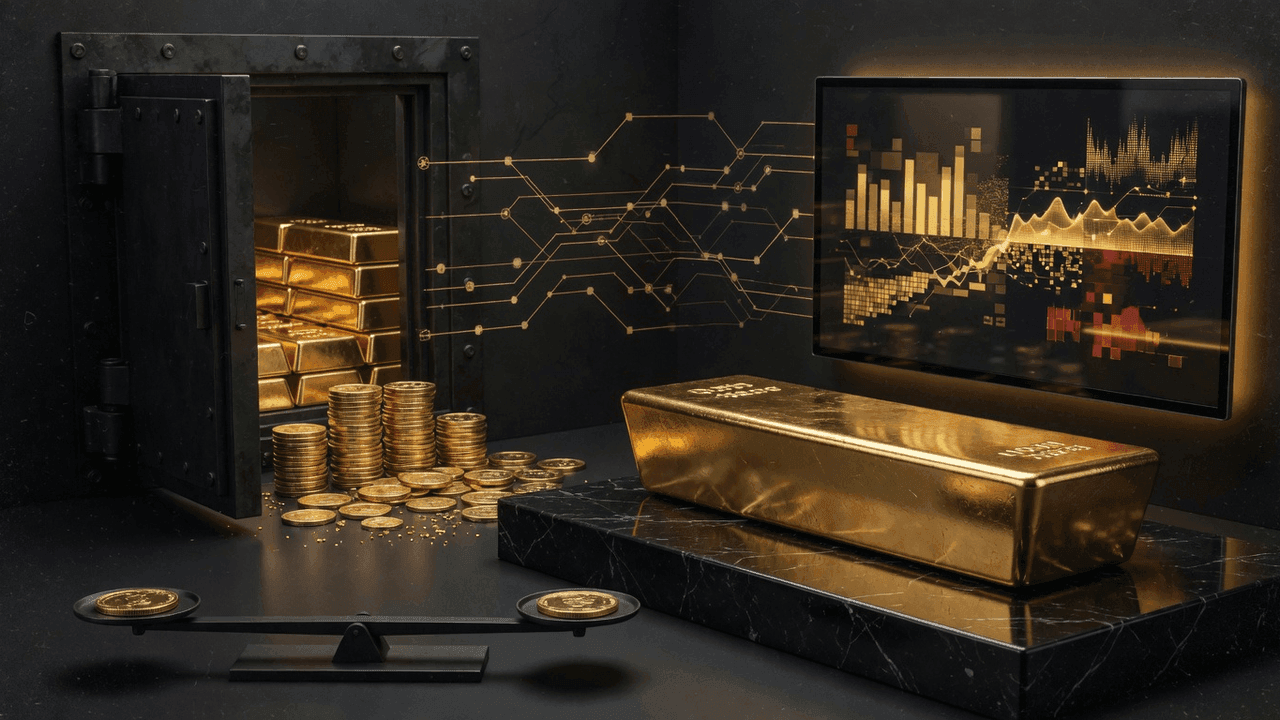Bank building versus DeFi interface with gold bar connecting them