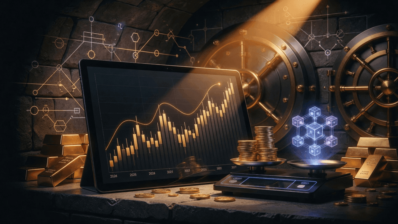 Gold price candlestick chart with 2027 forecast line on dark trading terminal