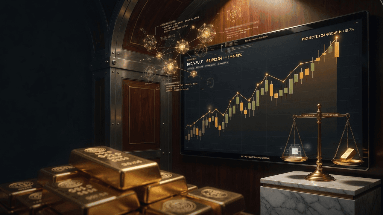 Gold price candlestick chart with upward trend projection on dark trading terminal