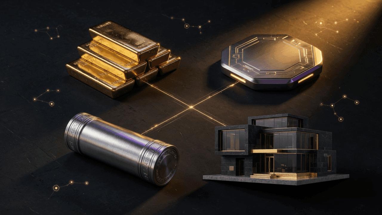 Gold bar, stocks, bonds, and real estate arranged as collateral asset comparison