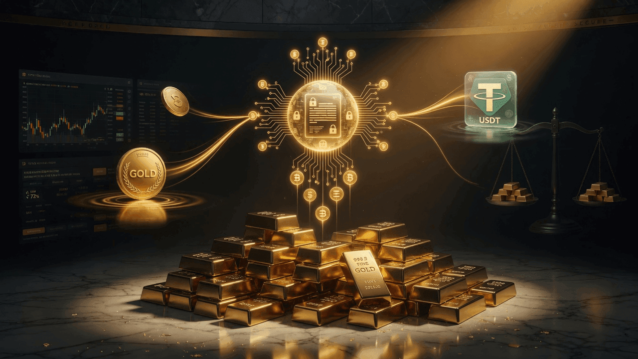 DeFi lending flow showing gold token entering smart contract and USDT exiting