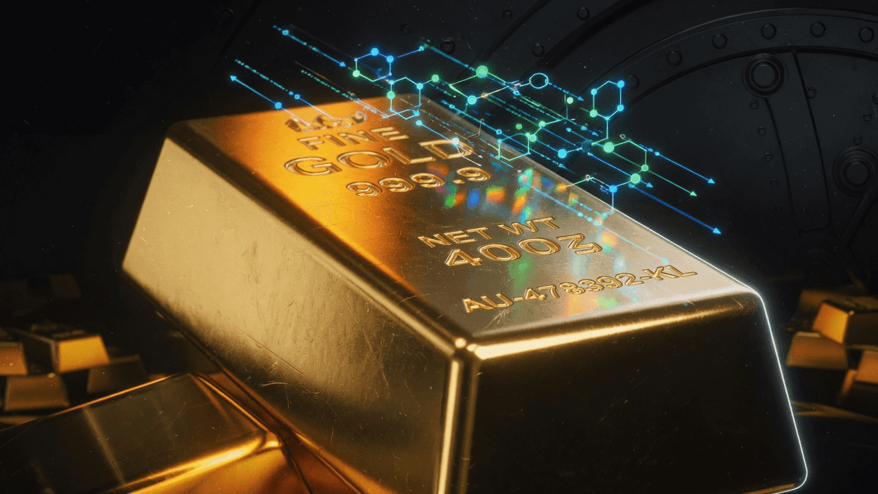 Gold bar with blockchain tokenization grid visualization