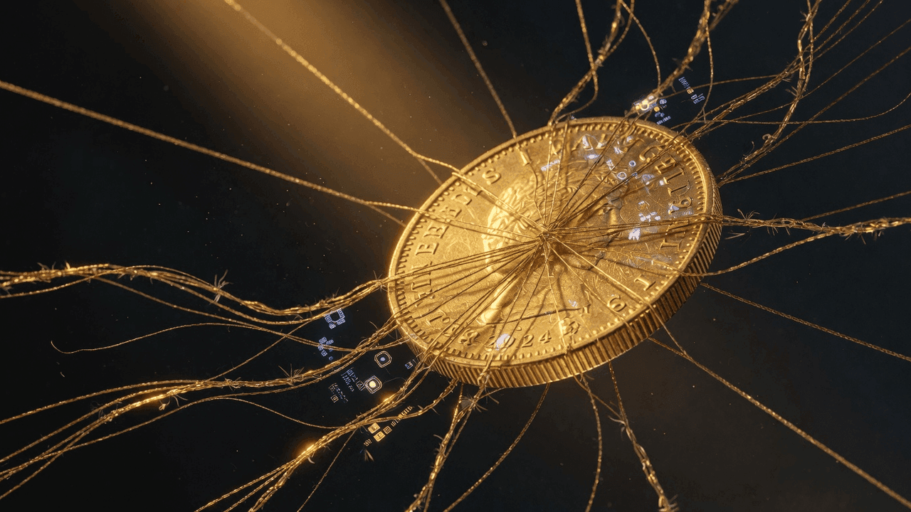Golden safety net catching a falling gold coin