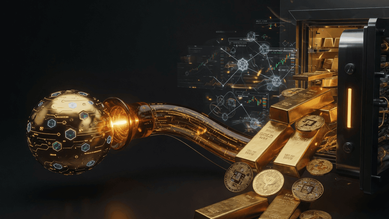 Gold token flowing through exchange conduit to local currency fan