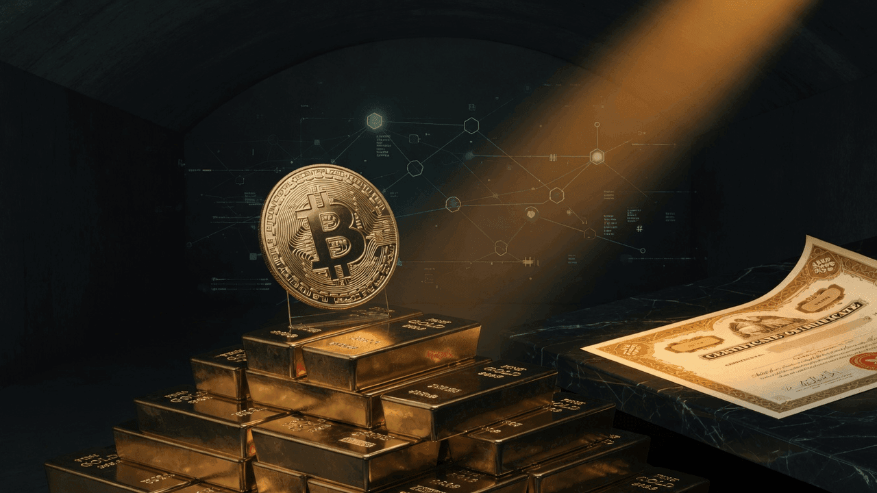 Gold bar, Bitcoin coin, and stock certificate compared as inflation hedges