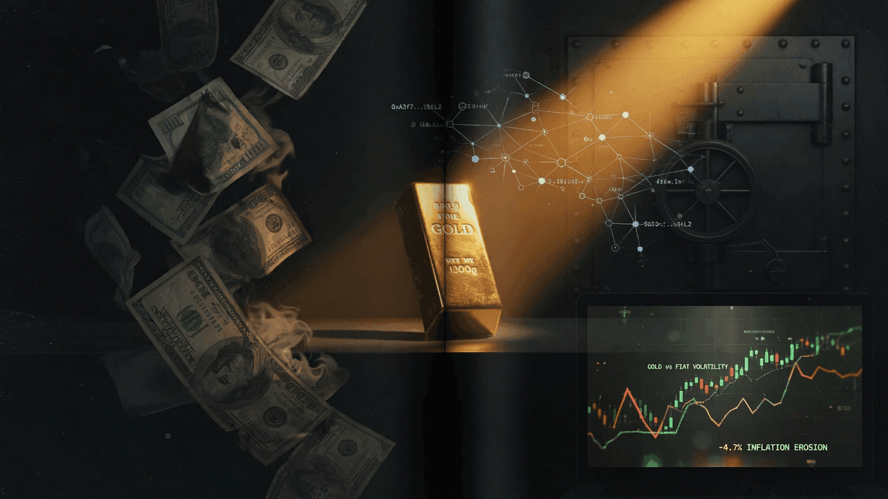 Fading paper currency beside a solid gold bar representing inflation protection