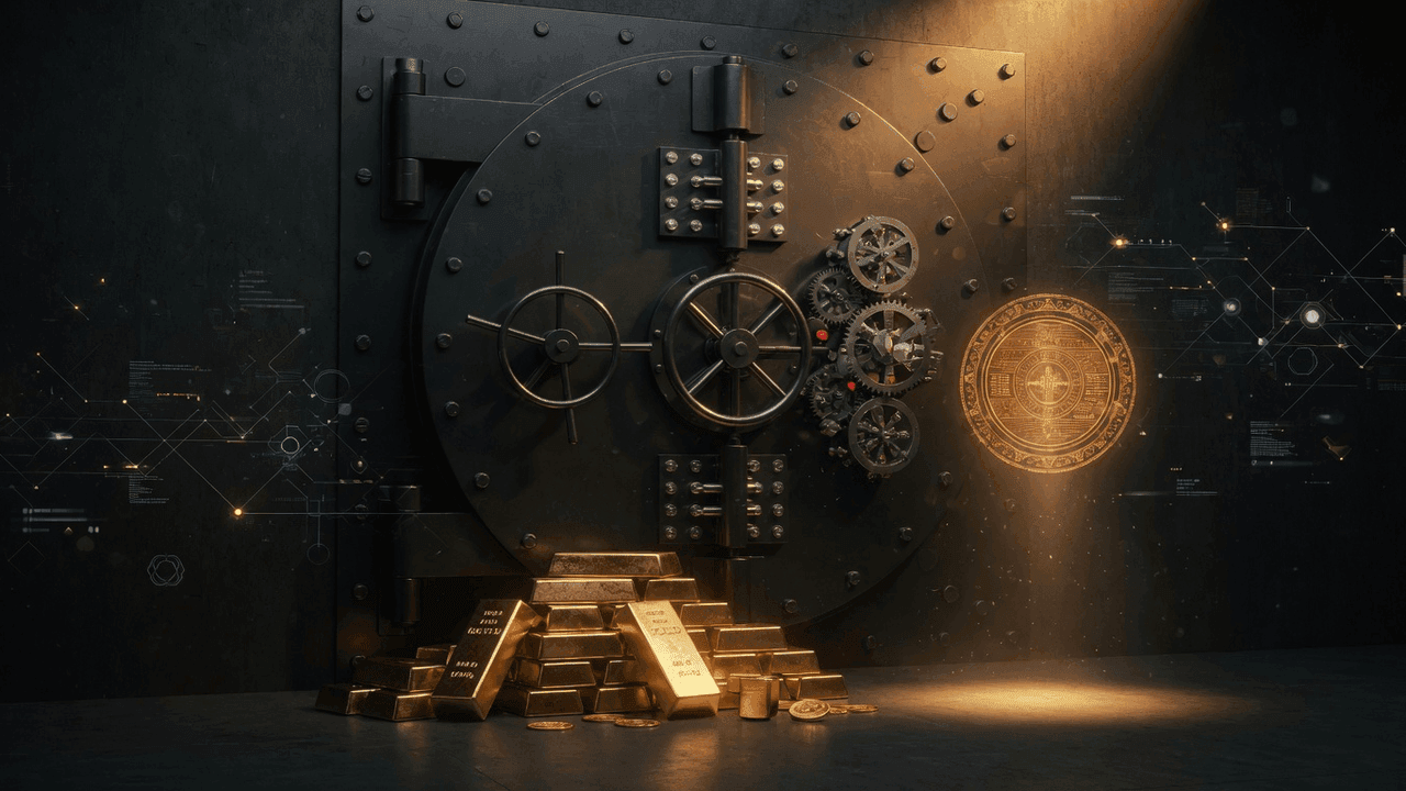 Triple-locked vault with certification seal representing tokenized gold security audit