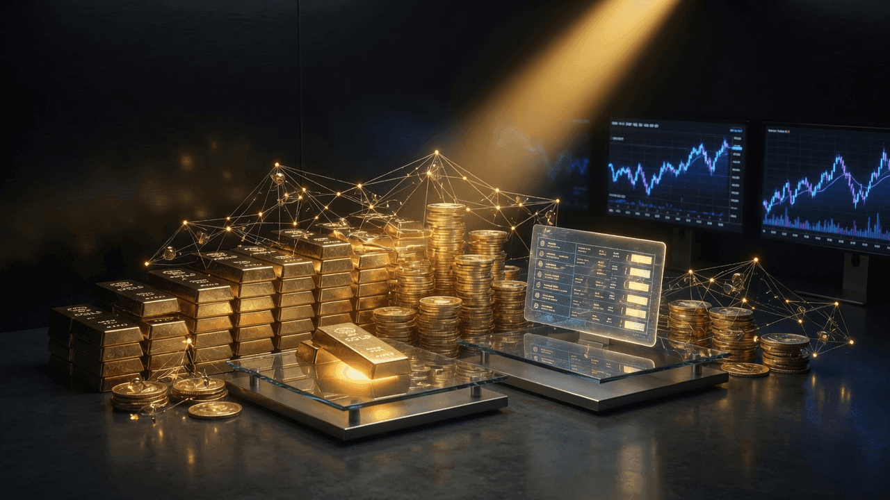 Blockchain globe with golden tokenized asset nodes across world map