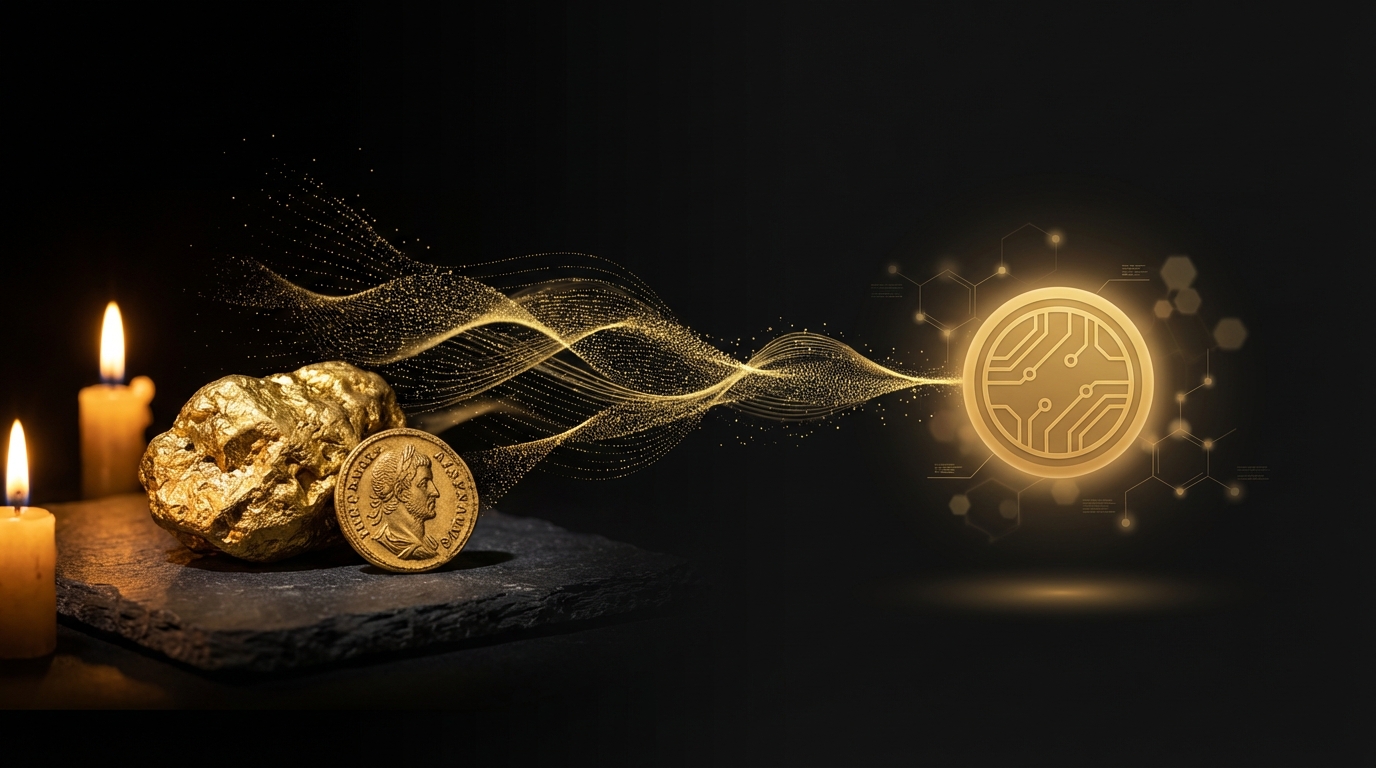 Physical gold nugget transforming into a digital token