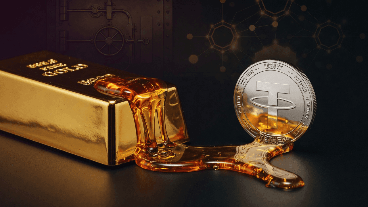 Gold bar connected by amber flow to USDT stablecoin representing collateral-to-liquidity conversion