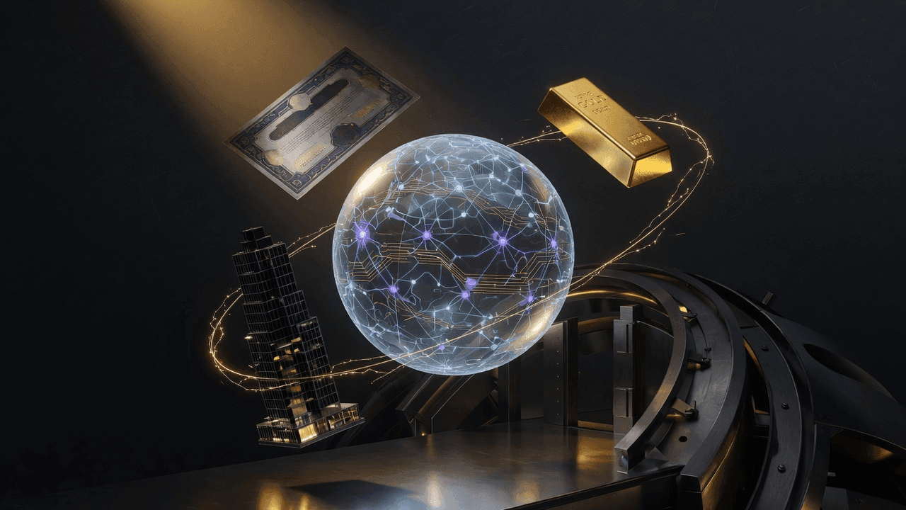 Blockchain globe with tokenized real-world assets orbiting as golden nodes