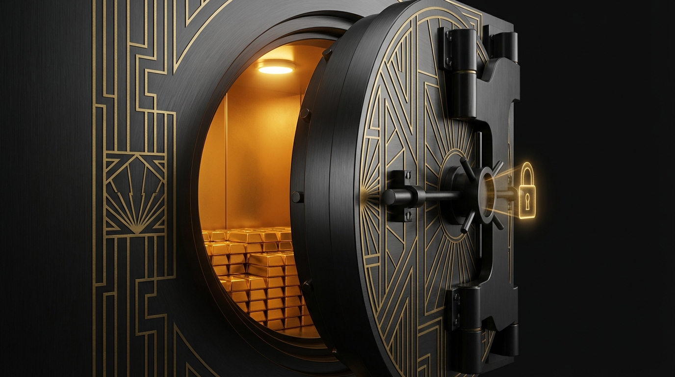 Digital vault door with gold bars inside, representing smart contract collateral