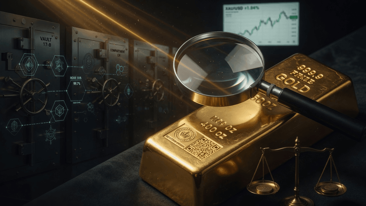 Magnifying glass auditing a certified gold bar
